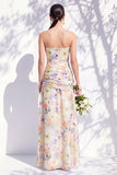 Strapless Blue Floral A Line Long Bridesmaid Dress with Slit