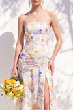 Strapless Blue Floral A Line Long Bridesmaid Dress with Slit