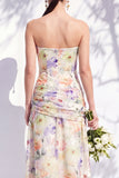 Strapless Blue Floral A Line Long Bridesmaid Dress with Slit