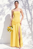 Strapless Blue Floral A Line Long Bridesmaid Dress with Slit