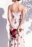 Blue Floral Ruffled A Line Cowl Neck Bridesmaid Dress