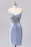 Grey Blue Bodycon Sheer Corset Cocktail Dress with Beading
