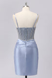 Grey Blue Bodycon Sheer Corset Cocktail Dress with Beading