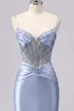 Grey Blue Bodycon Sheer Corset Cocktail Dress with Beading