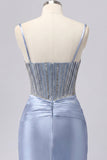 Grey Blue Bodycon Sheer Corset Cocktail Dress with Beading