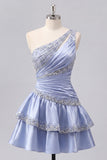 Grey Blue Satin A-Line One Shoulder Ruffled Cocktail Dress with Beading