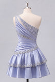 Grey Blue Satin A-Line One Shoulder Ruffled Cocktail Dress with Beading