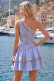 Grey Blue Satin A-Line One Shoulder Ruffled Cocktail Dress with Beading