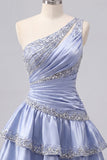 Grey Blue Satin A-Line One Shoulder Ruffled Cocktail Dress with Beading