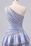Grey Blue Satin A-Line One Shoulder Ruffled Cocktail Dress with Beading