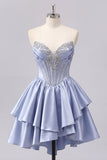 Cute Sweetheart A-Line Grey Blue Corset Cocktail Dress with Ruffles