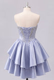 Cute Sweetheart A-Line Grey Blue Corset Cocktail Dress with Ruffles
