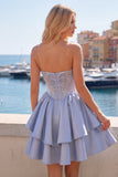 Cute Sweetheart A-Line Grey Blue Corset Cocktail Dress with Ruffles