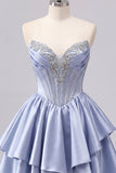 Cute Sweetheart A-Line Grey Blue Corset Cocktail Dress with Ruffles