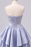 Cute Sweetheart A-Line Grey Blue Corset Cocktail Dress with Ruffles