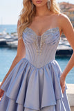 Cute Sweetheart A-Line Grey Blue Corset Cocktail Dress with Ruffles