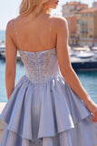 Cute Sweetheart A-Line Grey Blue Corset Cocktail Dress with Ruffles
