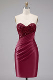 Burgundy Sweetheart Ruched Bodycon Satin Mini Cocktail Dress with Sequins