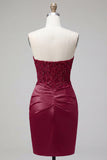 Burgundy Sweetheart Ruched Bodycon Satin Mini Cocktail Dress with Sequins