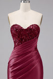 Burgundy Sweetheart Ruched Bodycon Satin Mini Cocktail Dress with Sequins