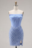 Strapless Blue Corset Bodycon Beaded Cocktail Dress with Slit