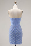 Strapless Blue Corset Bodycon Beaded Cocktail Dress with Slit