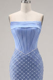 Strapless Blue Corset Bodycon Beaded Cocktail Dress with Slit