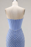 Strapless Blue Corset Bodycon Beaded Cocktail Dress with Slit