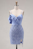 Blue Corset Bodycon Pleated Beaded Cocktail Dress with Slit