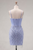 Blue Corset Bodycon Pleated Beaded Cocktail Dress with Slit