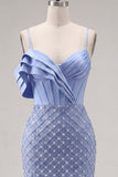 Blue Corset Bodycon Pleated Beaded Cocktail Dress with Slit