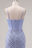 Blue Corset Bodycon Pleated Beaded Cocktail Dress with Slit