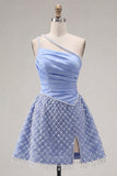 One Shoulder Blue Satin A-Line Ruched Pearls Cocktail Dress with Slit