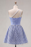 One Shoulder Blue Satin A-Line Ruched Pearls Cocktail Dress with Slit