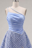 One Shoulder Blue Satin A-Line Ruched Pearls Cocktail Dress with Slit