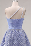 One Shoulder Blue Satin A-Line Ruched Pearls Cocktail Dress with Slit