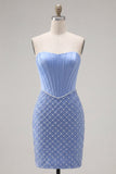 Blue Strapless Bodycon Corset Beaded Cocktail Dress