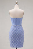 Blue Strapless Bodycon Corset Beaded Cocktail Dress