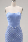 Blue Strapless Bodycon Corset Beaded Cocktail Dress