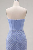 Blue Strapless Bodycon Corset Beaded Cocktail Dress