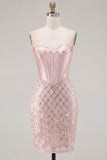 Sweetheart Blush Satin Bodycon Corset Sequin Cocktail Dress