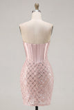 Sweetheart Blush Satin Bodycon Corset Sequin Cocktail Dress