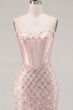 Sweetheart Blush Satin Bodycon Corset Sequin Cocktail Dress