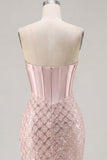 Sweetheart Blush Satin Bodycon Corset Sequin Cocktail Dress