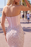 Sweetheart Blush Satin Bodycon Corset Sequin Cocktail Dress