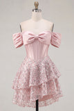 Cute Blush Off the Shoulder Ruffled A-Line Corset Sequin Party Dress with Bow