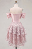 Cute Blush Off the Shoulder Ruffled A-Line Corset Sequin Party Dress with Bow