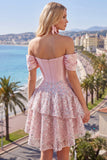Cute Blush Off the Shoulder Ruffled A-Line Corset Sequin Party Dress with Bow