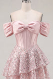 Cute Blush Off the Shoulder Ruffled A-Line Corset Sequin Party Dress with Bow