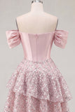 Cute Blush Off the Shoulder Ruffled A-Line Corset Sequin Party Dress with Bow